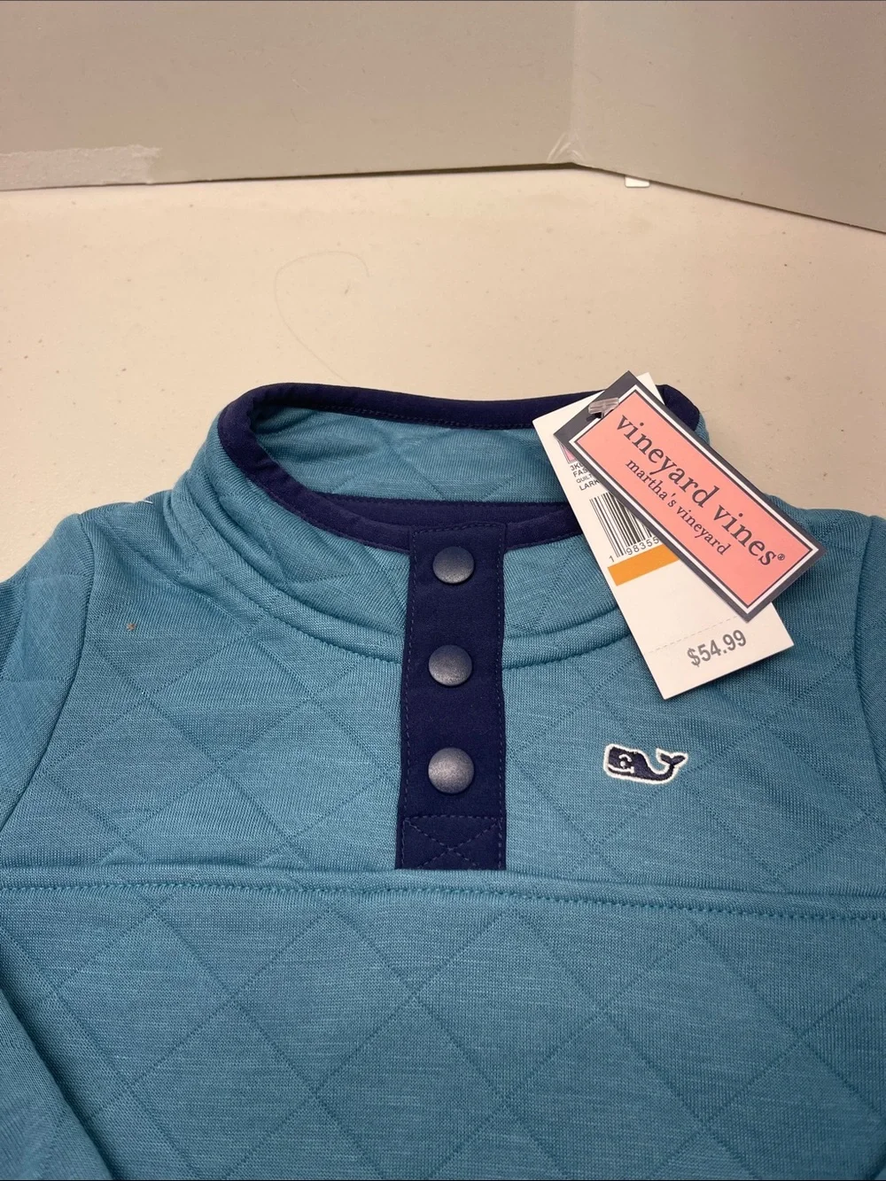 Vineyard Vines Toddler Quilted Long-Sleeve Pullover - Teal with Navy Trim